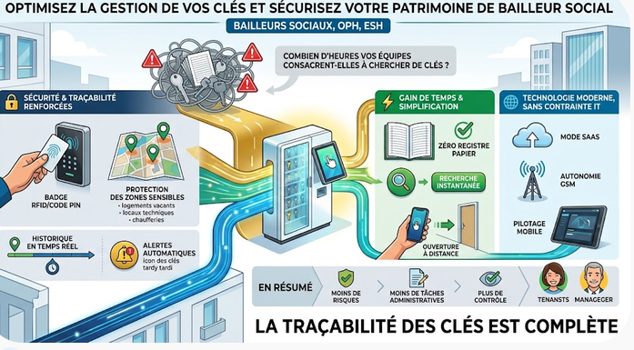 armoire à clés électronique pour bailleurs sociaux, OPH et ESH, garantissant une traçabilité complète des accès.